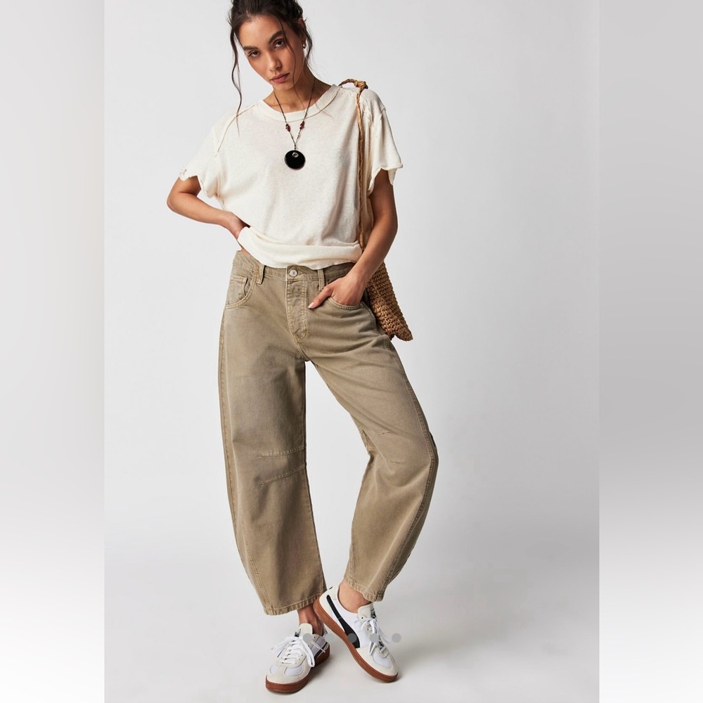 Free People Good Luck Mid Rise Barrel Jeans in Taupe